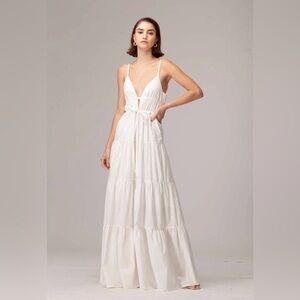 Anthropologie White Maxi Tiered Spaghetti-Strap Dress